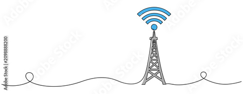 Radio tower transmitting wireless signal on continuous line background
