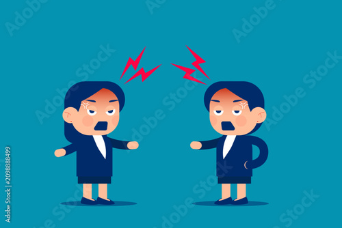Cute little business. Two angry women arguing and pointing fingers, showing conflict, disagreement, and tension in a business or personal confrontation scene.