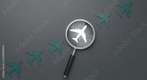 Magnifying glass over airplane icon. Searching for flights and travel deals concept.