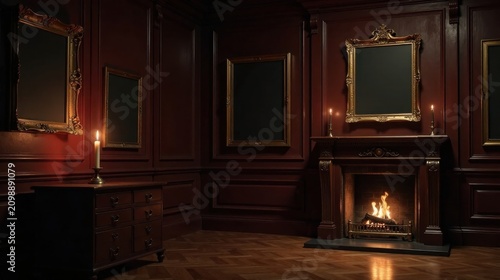 A dimly lit antique room, featuring ornate wooden paneling, gilded picture frames, a fireplace with a warm fire, and a candlelit side table.