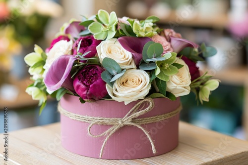 The Pink Hatbox Bouquet: A Romantic Floral Arrangement with Roses and Eucalyptus