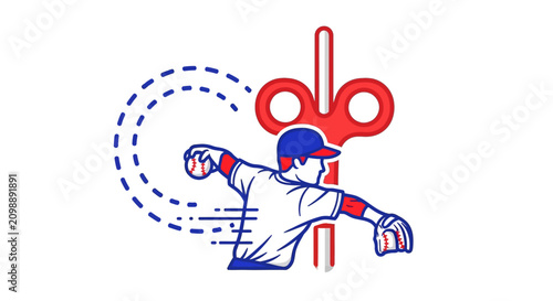 Konstfotografi Baseball Pitcher Wind-up Action with Red Wind-Up Key and Dashed Motion Lines