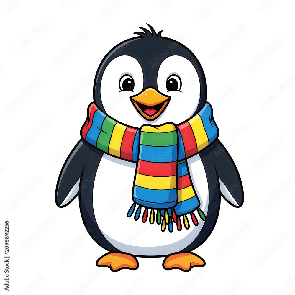 Obraz premium Happy Penguin with Scarf: A cheerful cartoon penguin, adorned with a vibrant, multi-colored striped scarf, stands with a wide, welcoming smile, ready to embrace the winter season.