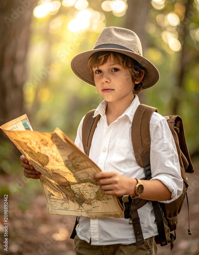 Young explorer with map and backpack outdoors