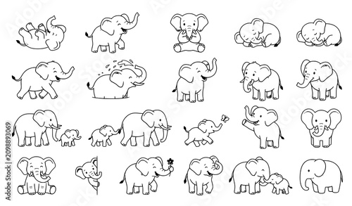 Canvas Print Cute elephant outline icon collection featuring baby elephants standing walking