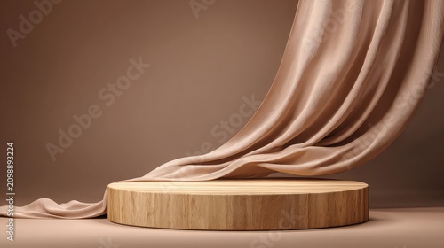 Luxury Wooden Circular Podium with Elegant Beige Fabric Drapery on Minimal Background for Premium Product Display Mockup and Cosmetic Branding