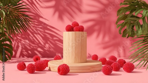 Luxury Wooden Podium with Fresh Raspberries and Tropical Palm Leaves on Pink Background for Cosmetic Product Display, Summer Branding and Food Mockup
