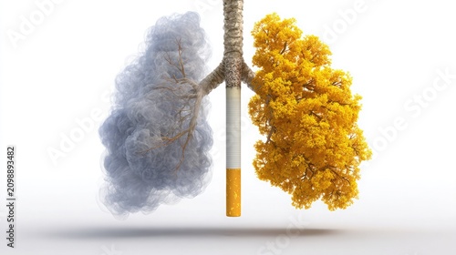 Conceptual Illustration of Human Lungs Connected to a Cigarette Showing Damaged Smoking Lung and Healthy Lung Comparison on White Background