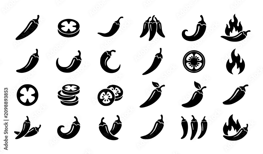 Obraz premium Chili pepper silhouette icon collection featuring spicy peppers flames slices and hot food symbols