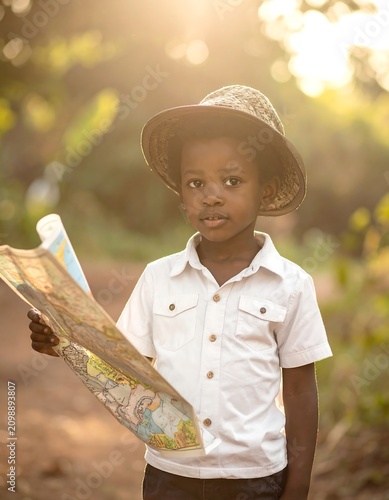 Young explorer with map in golden light