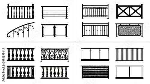 Collection of black silhouettes of balustrades, railings, and stair handrails