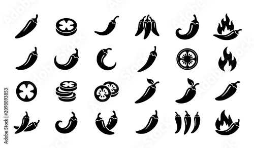 Obraz na płótnie Chili pepper silhouette icon collection featuring spicy peppers flames slices an