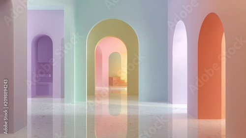 Minimalist Pastel Interior with Colorful Arched Doorways and Reflective Floor