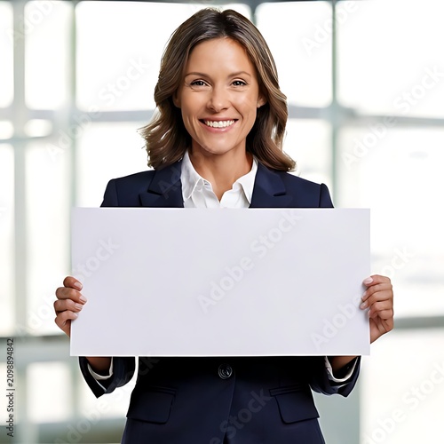 Woman in suit holds blank sign smiling