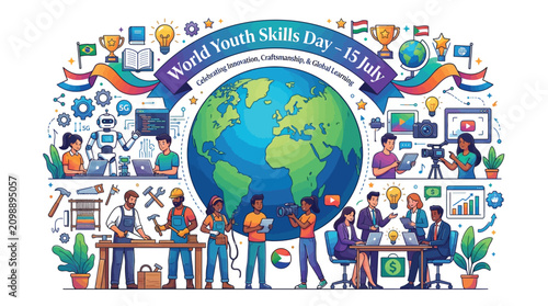 Colorful vector illustration celebrating world youth skills day with diverse people and global learning educational symbols