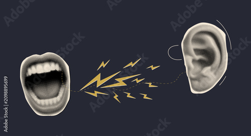 Schilderij op canvas Retro Halftone Ear Listening and Shouting Mouth Collage with Sound Wave Lightnin