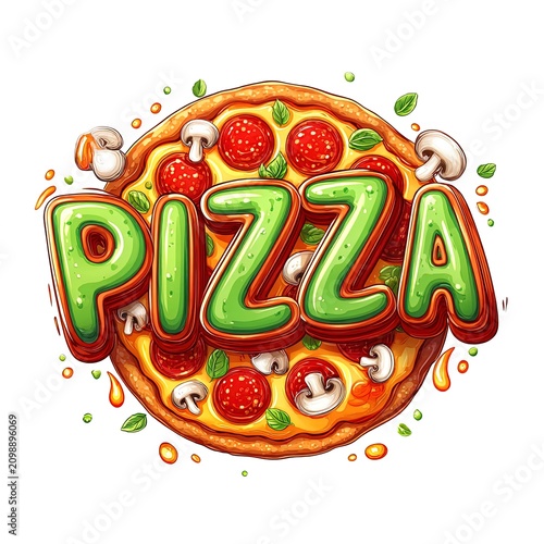 Pizza logo design with PIZZA text over pepperoni mushroom and melted cheese pizza. Ai Generative