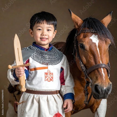 Young knight poses with steed, ready for adventure