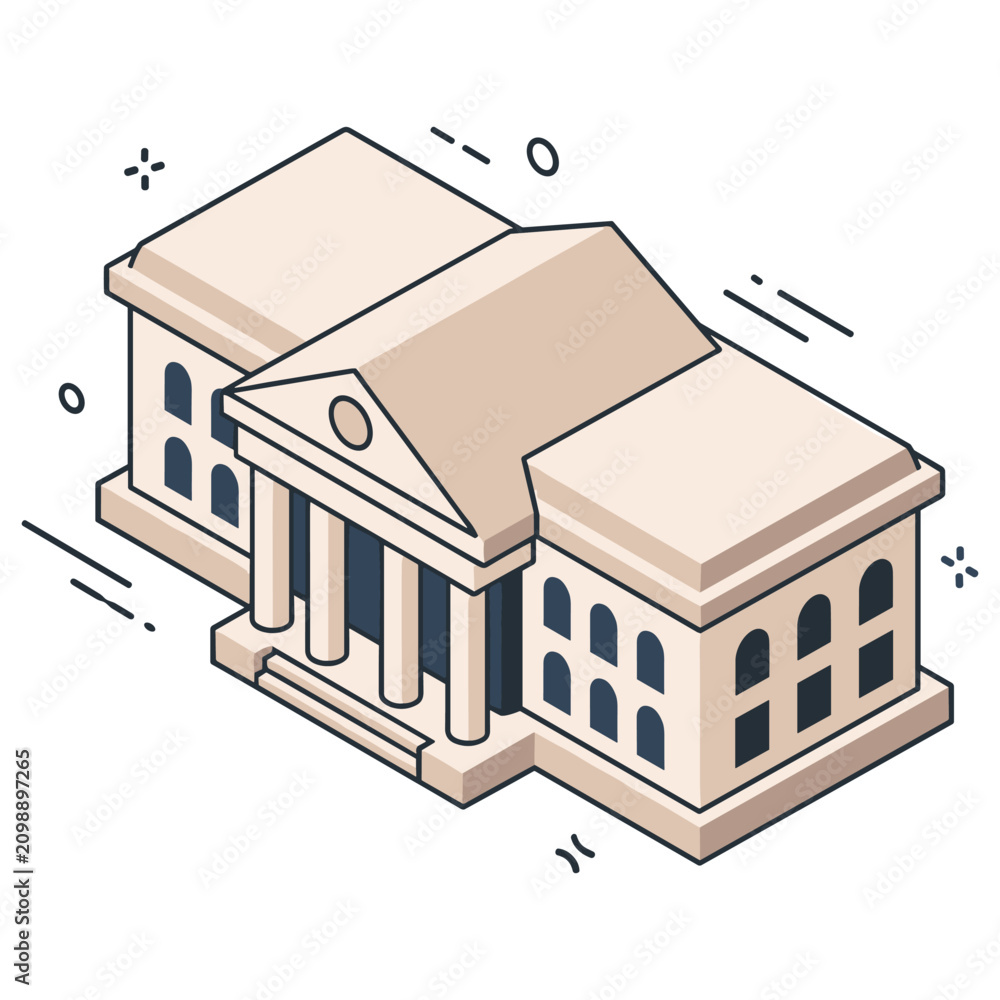 Obraz premium Isometric design of classical bank building with columns and arched windows