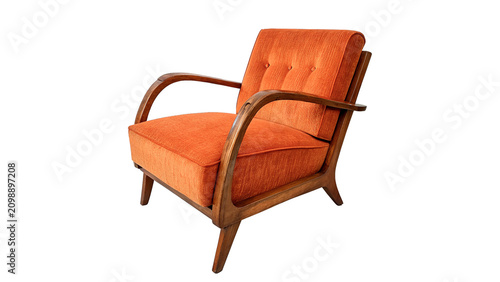 Fotografie Mid century modern orange armchair with wooden legs isolated on transparent back