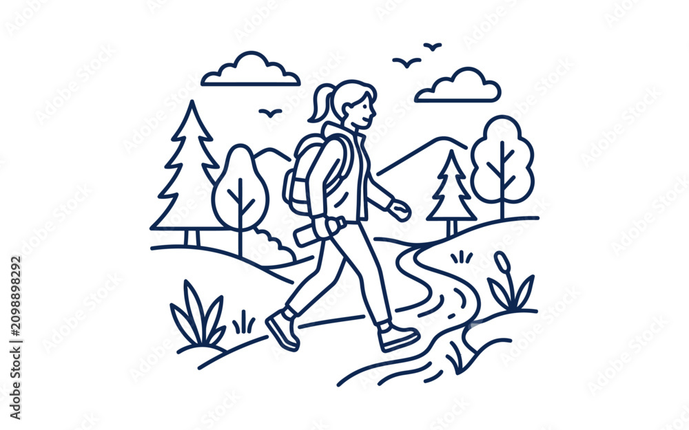Obraz premium Woman Hiking in Nature Vector Illustration