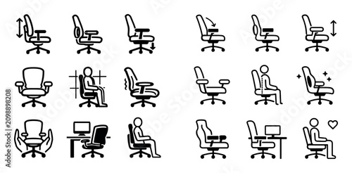 Office chair ergonomics design icons with adjustable backrest lumbar support and seat height control for mobile app design in minimal line style