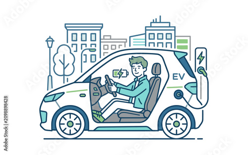 Man Driving Electric Vehicle Charging in Urban Flat Design Illustration