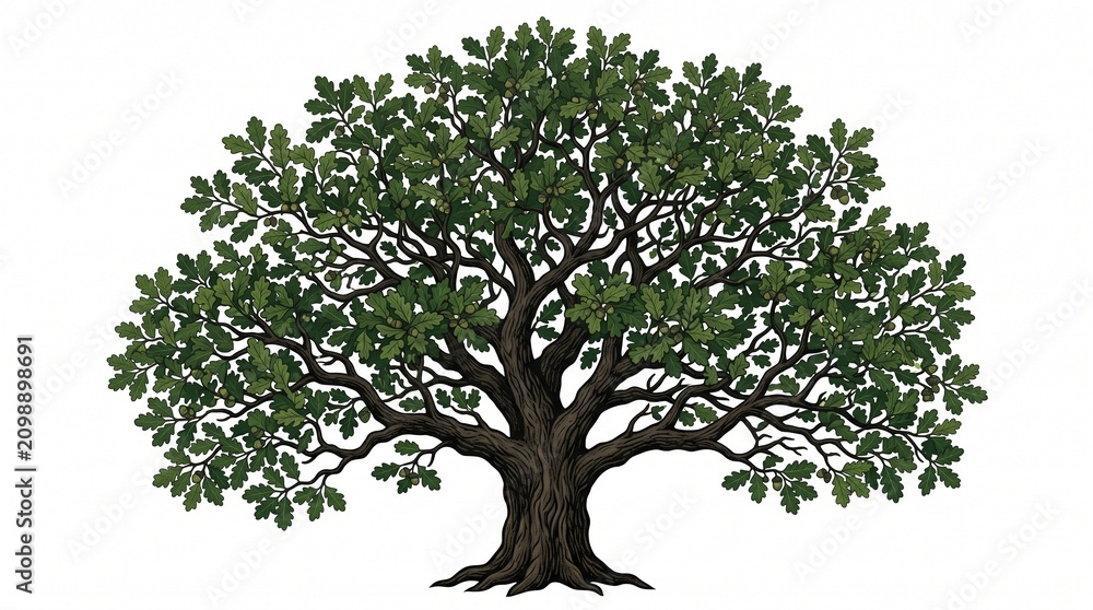 Obraz premium Detailed illustration of a lush oak tree with acorns ideal for nature themed designs
