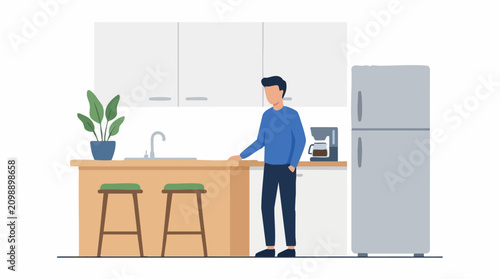 Flat design illustration of a man standing in a modern kitchen