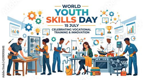 Colorful vector illustration depicting diverse young professionals demonstrating various vocational skills for world youth skills day