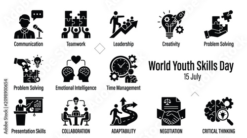 Professional vector illustration set showing essential modern workplace skills for celebrating international world youth skills day