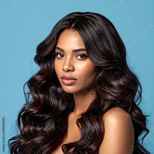 Woman with voluminous, dark, wavy hair