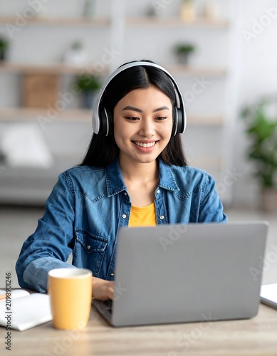 Young woman studying online with headphones and laptop