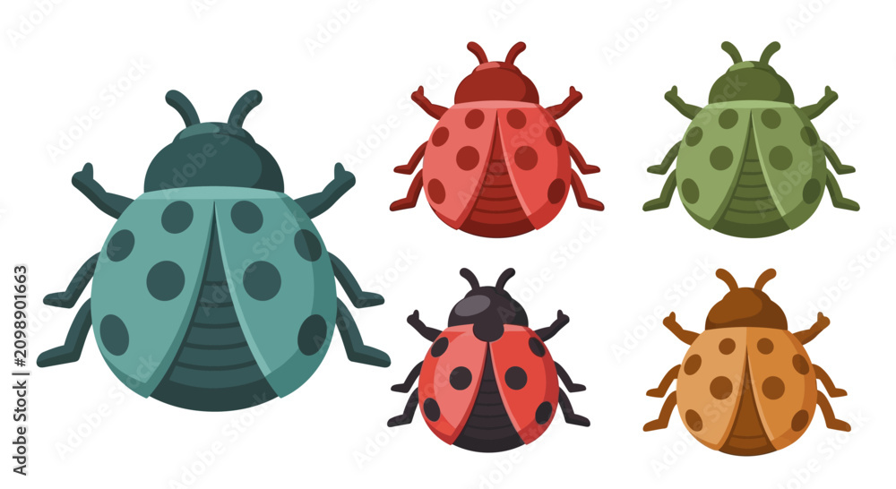 Fototapeta premium Set of Colorful Ladybug Vector Illustrations in Flat Style