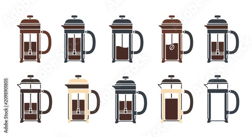 Foto Set of French Press Coffee Maker Icons in Minimalist Flat Style