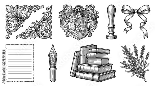 Vintage Collection of Heraldic and Literary Elements including Coat of Arms, Books, Fountain Pen, and Floral Ornaments in Engraving Style