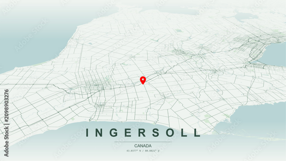 Fototapeta premium Minimalist vector map of Ingersoll, Ontario. High-quality scalable illustration of Ingersoll geographic boundaries within Oxford County, Thames River shoreline and valley networks for posters design.