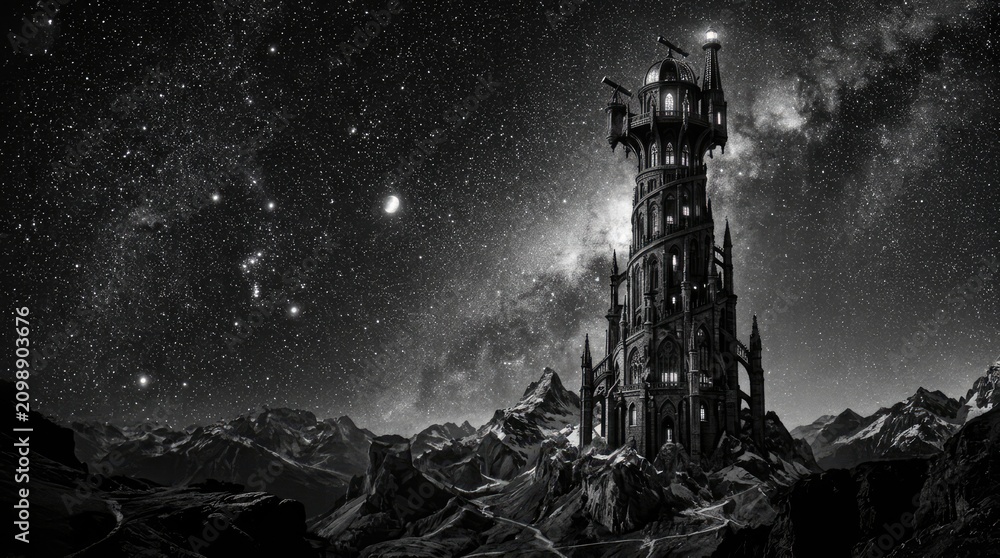 Obraz premium Gothic castle tower under starry night sky.