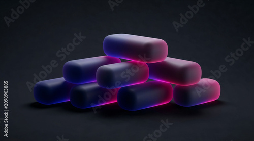 Abstract 3D rendering of glowing neon capsules on a dark surface.