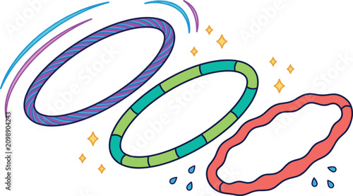 Tableau sur toile Colorful Hula Hoop Vector Illustration Set with Striped Sectional and Wavy Motio