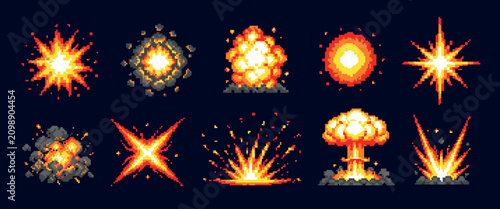 Pixel explosion. Boom blast effect arcade game 8 bit art, retro fire fight space war bright explode pixelart cosmic energy flash hot power cartoon qualitative vector illustration