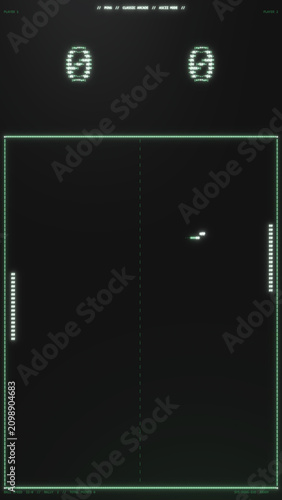 Vertical ascii pong match plays out on a glowing court as the ball trails between paddles and rally stats tick over, nostalgic arcade loop for gaming reels and app promos