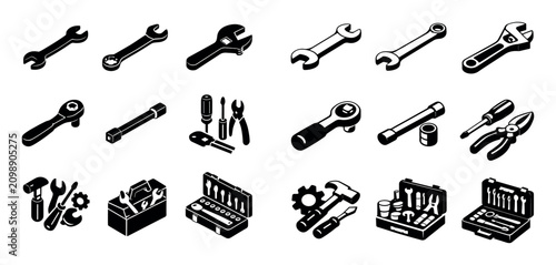 Hand tools and mechanic icons icon set with open end wrench combination wrench adjustable wrench for web design in isometric style