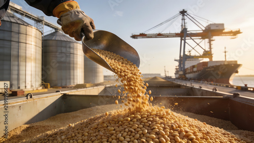 Gloved Hand Pouring Fresh Soybeans at Modern Grain Storage Facility