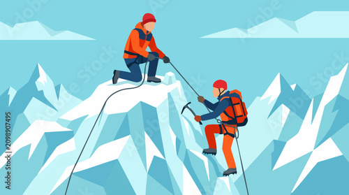 Mountain climbers helping each other ascend a snowy peak, illustration
