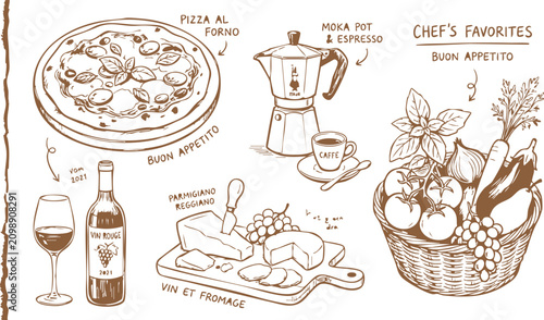 Tableau sur toile Hand drawn illustration of italian food favorites with pizza coffee wine cheese