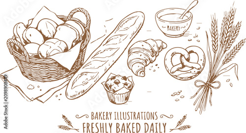 Hand drawn bakery collection with bread basket baguette croissant muffin pretzel and wheat isolated on white background Vector