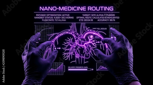 Futuristic Nanomedicine Routing Interface with Human Hands Operating Digital Medical Hologram.