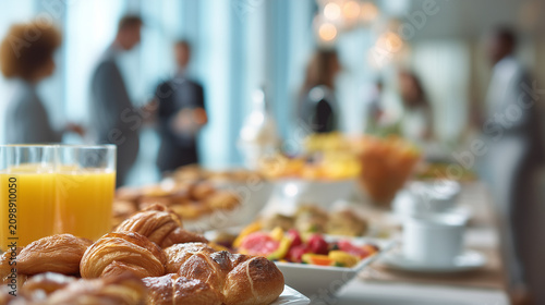 Business breakfast buffet with croissants, fresh fruit and orange juice during a corporate networking event. Hospitality, catering, conference and professional meeting concept.