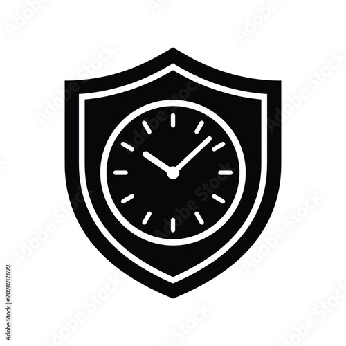 Security Shield with Clock Face Icon, Time Bound Protection and Insurance Policy Concept Vector
